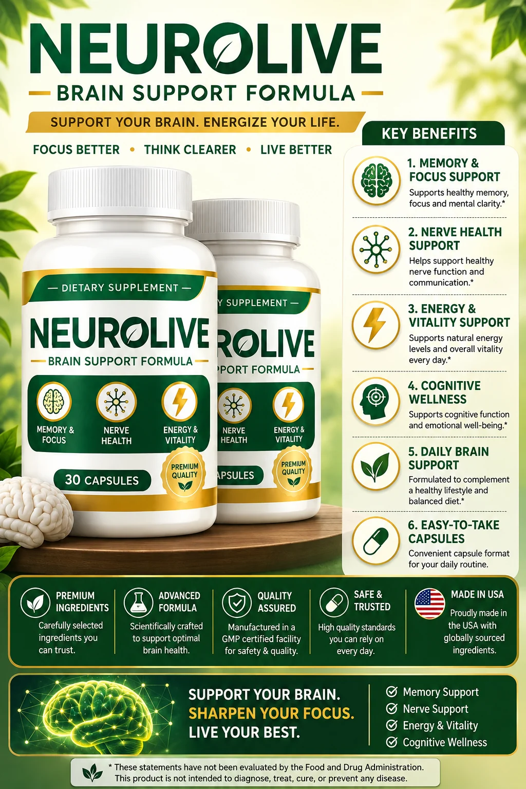NeuroLive benefits — memory & focus, nerve health, energy & vitality, cognitive wellness, daily brain support